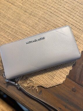 Michael Kors Pebbled Leather Wristlet in Light Gray-Blue